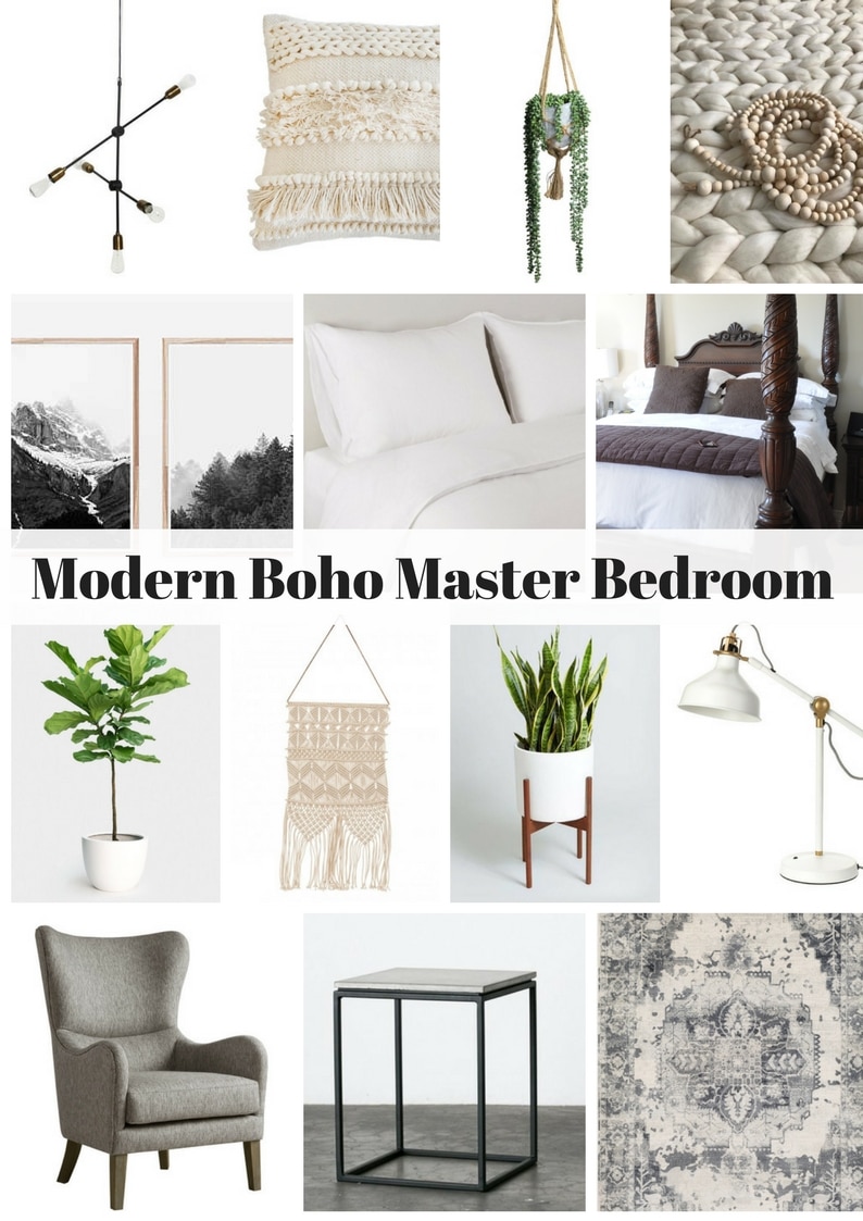 Modern Boho Master Bedroom Makeover: modern neutral boho bedroom makeover with lots of texture, a mix of modern and traditional, some DIY touches, gallery wall, and lots of plants.