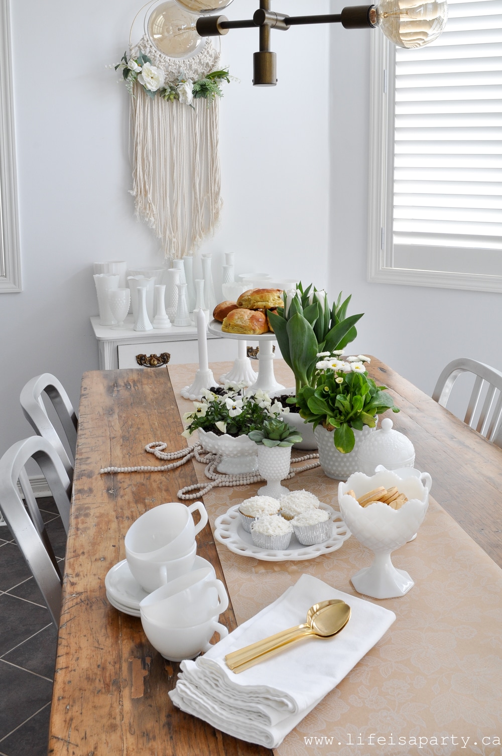 Milk Glass Collection used for a spring tea party