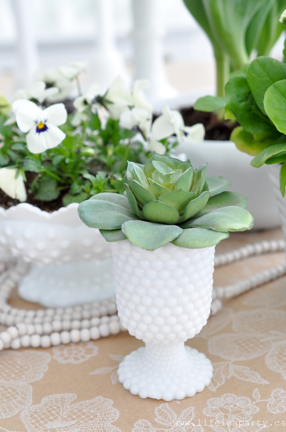 vintage Milk Glass Collection with plants in them