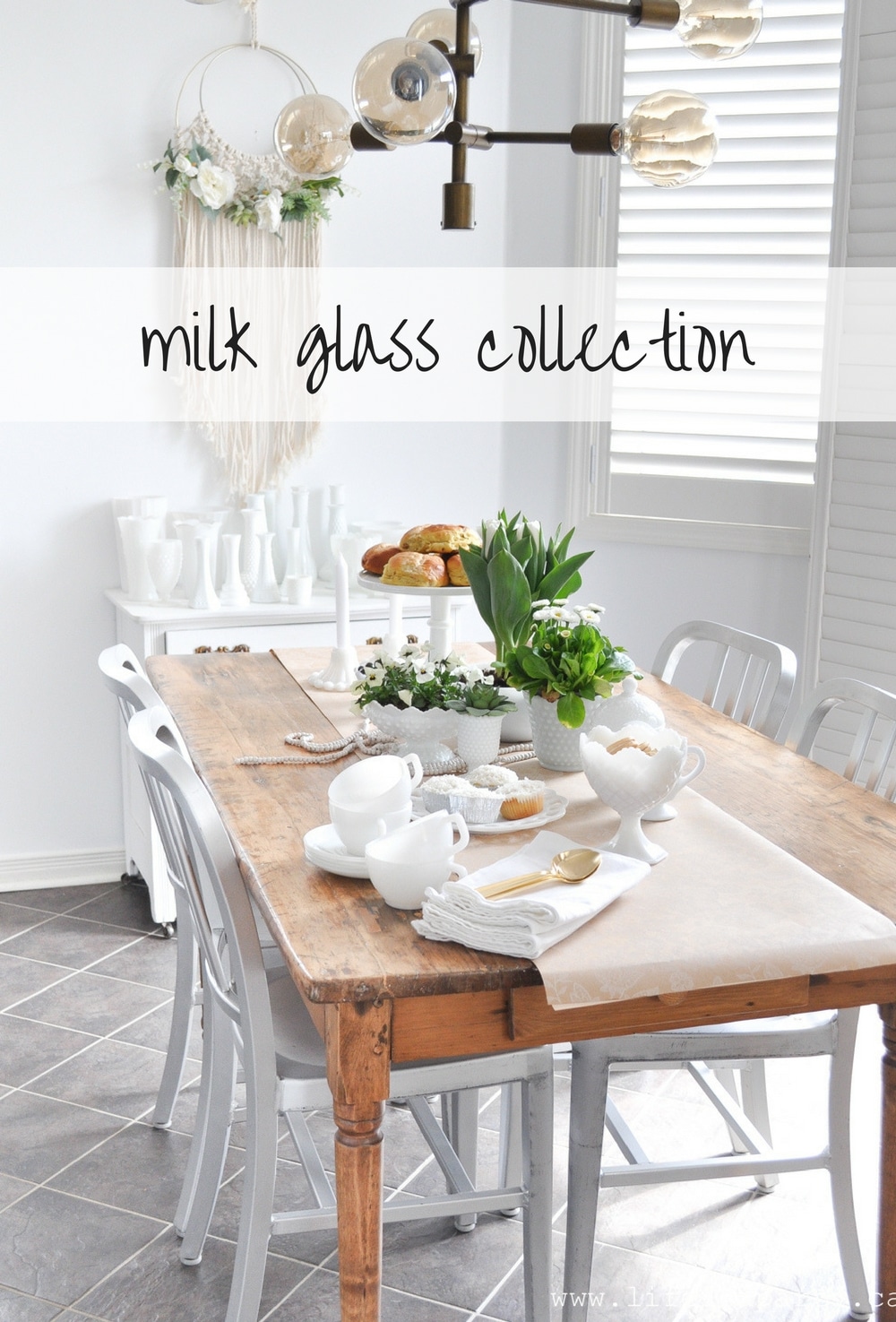 Milk Glass Collection: Vintage milk glass collected from thrift stores, garage sales, and antique shops used for a spring tea party.