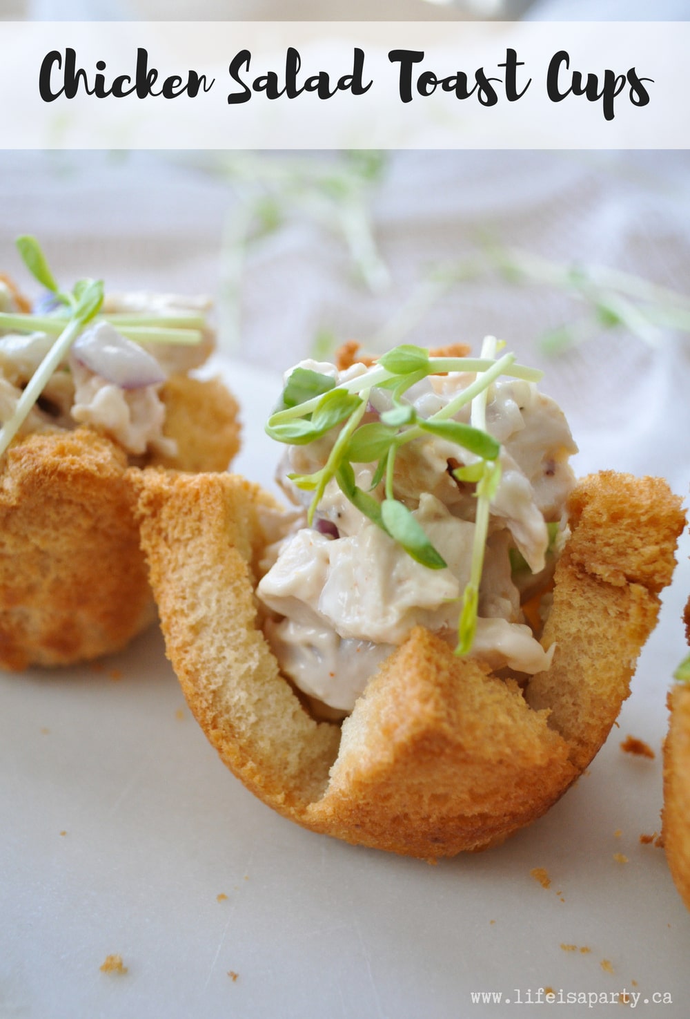 Chicken Salad Toast Cups: use store bought rotisserie chicken and regular old white bread to make these easy and delicious tea sandwiches. Perfect for a tea party or picnic.