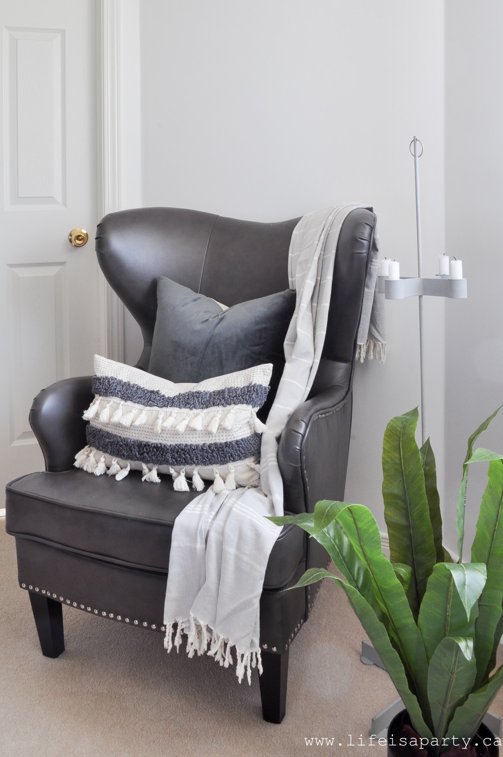 grey leather modern wing back chair