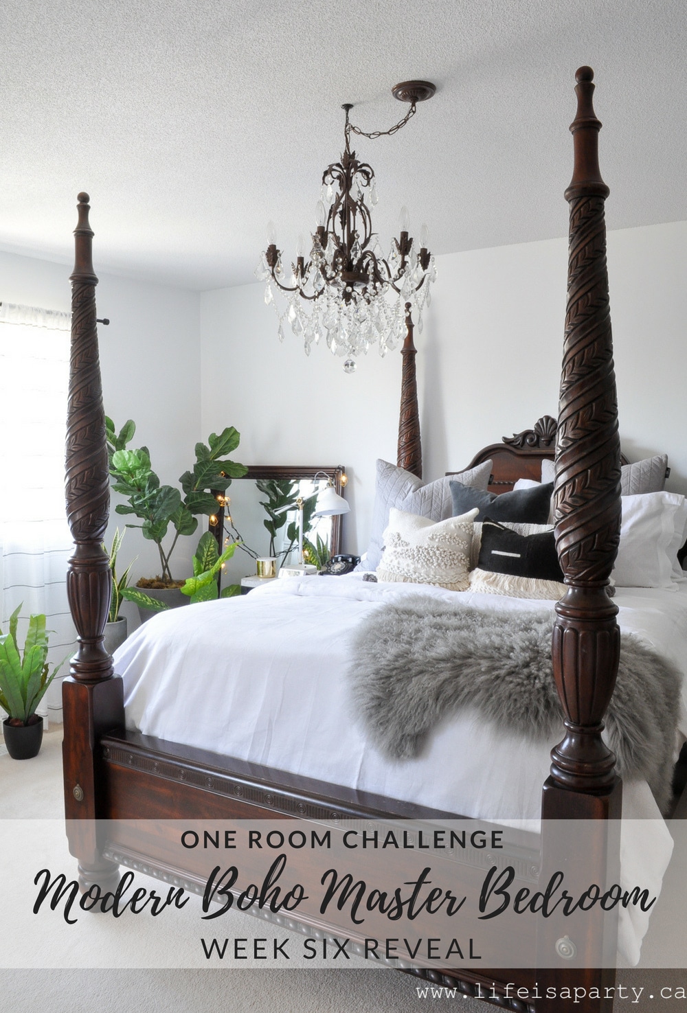 Modern Bobo Master Bedroom: Black and white, lots of texture, and a mix of modern and traditional help give this room a European Modern Boho feel.