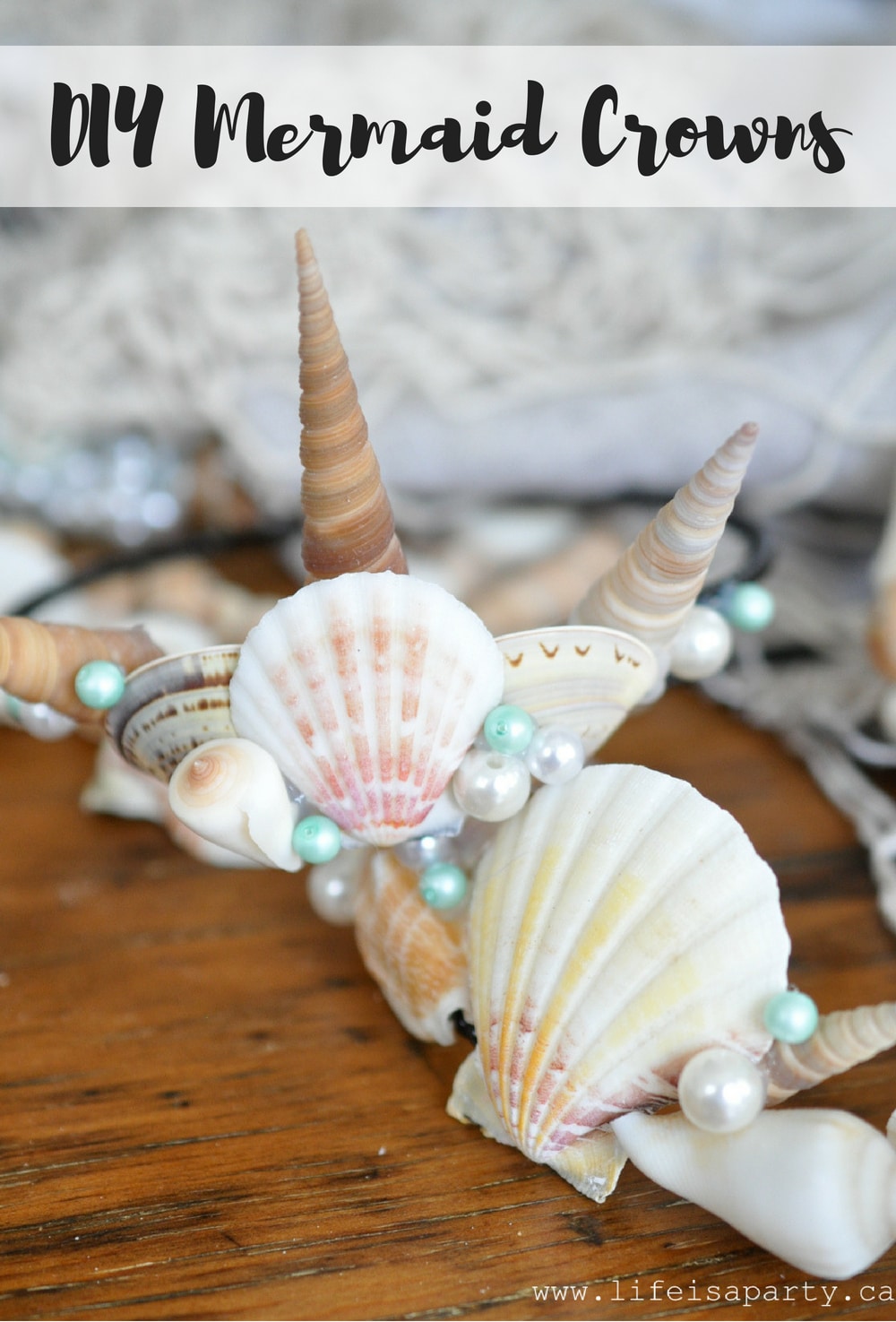 DIY Mermaid Crown: use some shells, faux pearls, hair bands and hot glue to create your own beautiful Mermaid Crown. Perfect for dress up, or as part of a Mermaid Party!