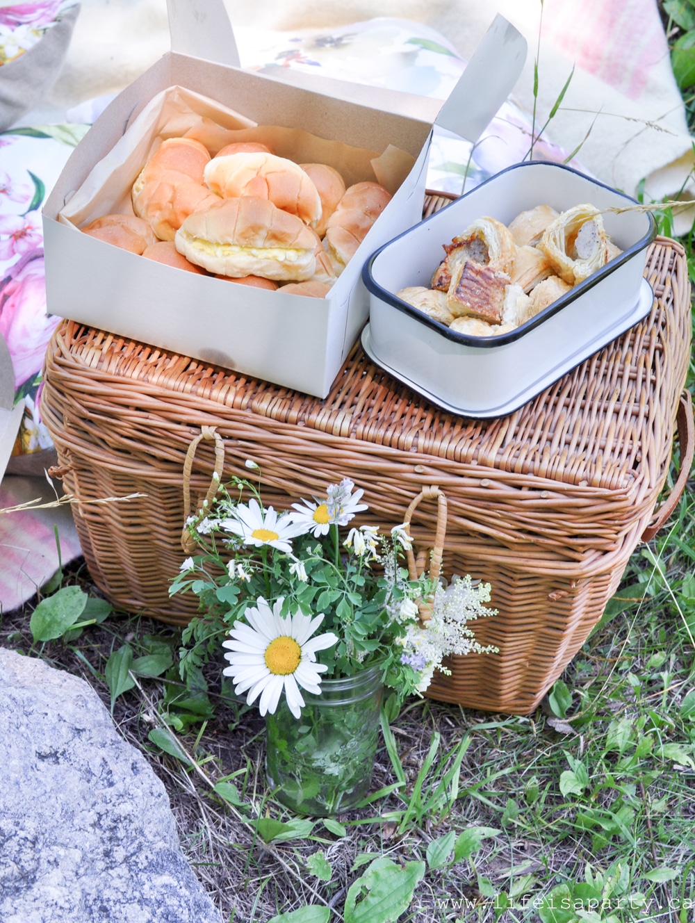 Picnic: our romantic English inspired picnic food menu includes tea sandwiches, home-made scotch eggs, scones and cream, shortbread, empire cookies, custard creams, vintage decor and lots and lots of tea.