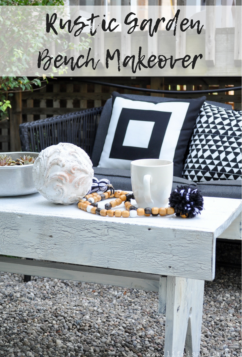 Rustic Garden Bench Painting Makeover: a wooden bench gets a rustic makeover with a crackle DIY paint finish to give it a antique look.
