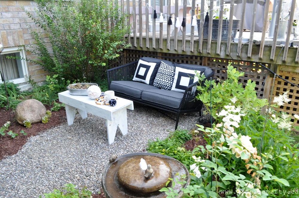 black and white garden seating area