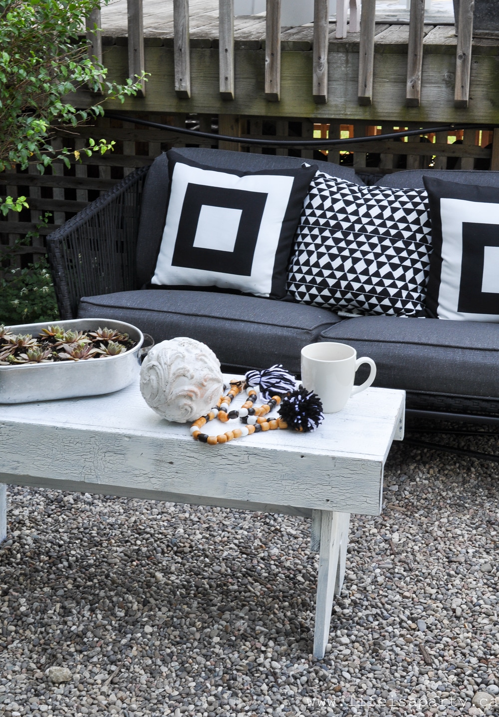 Black and White Garden with love seat and vintage bench coffee table