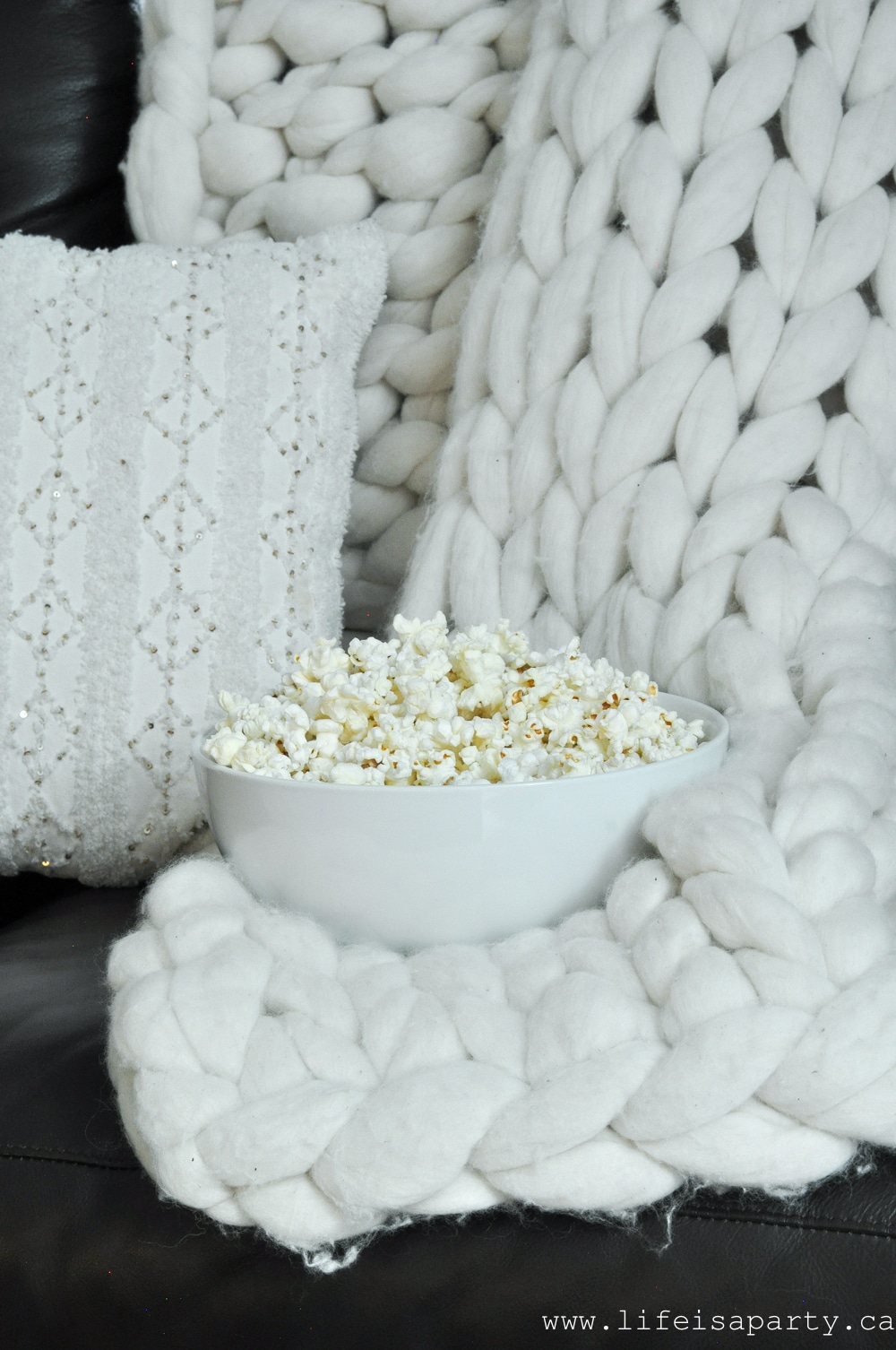 Chunky Knit Blanket and Popcorn