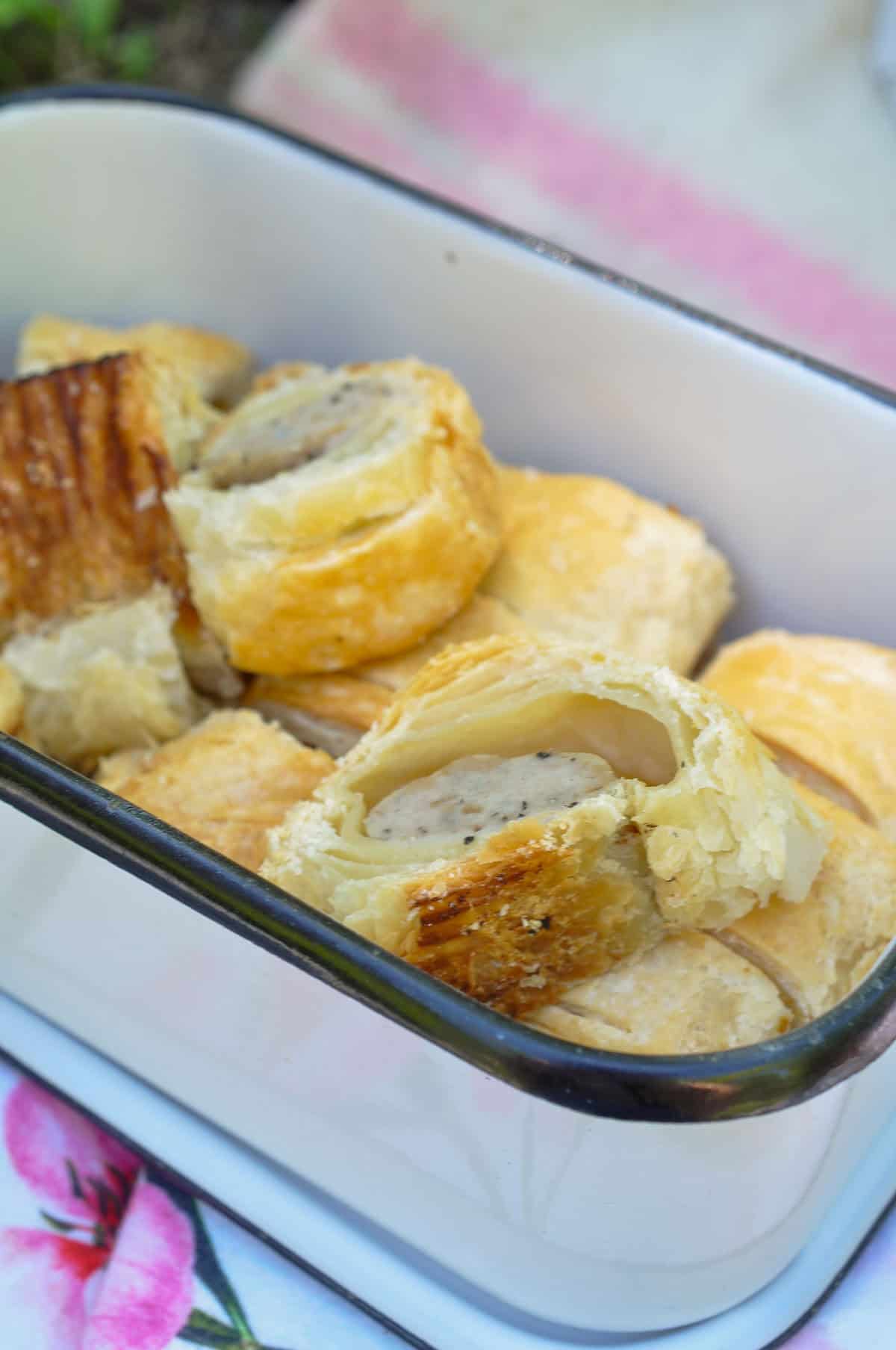 Flaky sausage rolls for a British tea party picnic.