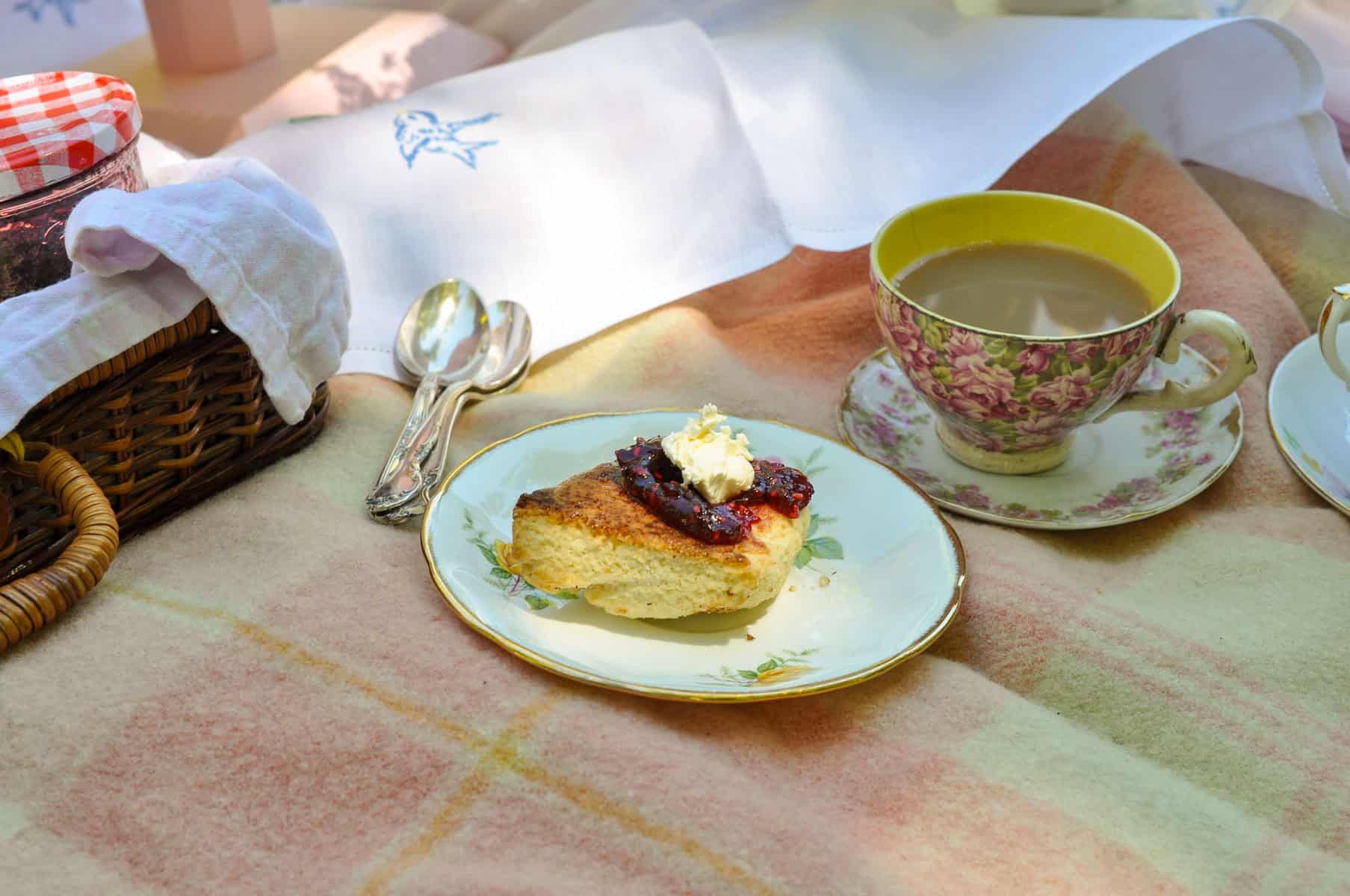 Scone with jam and clotted cream, part of a tea party picnic menu.