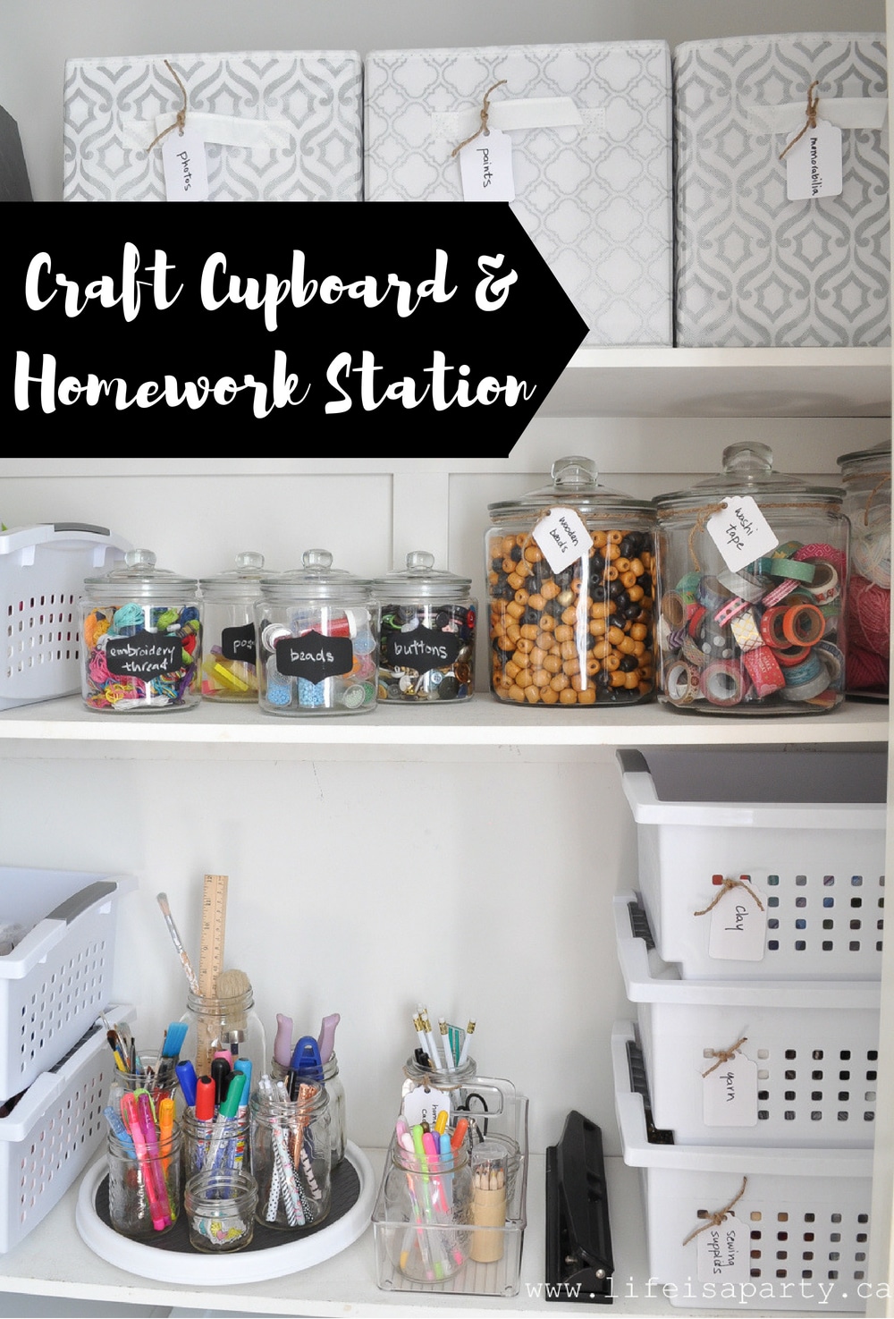Craft Cupboard and Homework Station: see an old closet turned into an organized craft cupboard and homework station including a portable homework caddy.