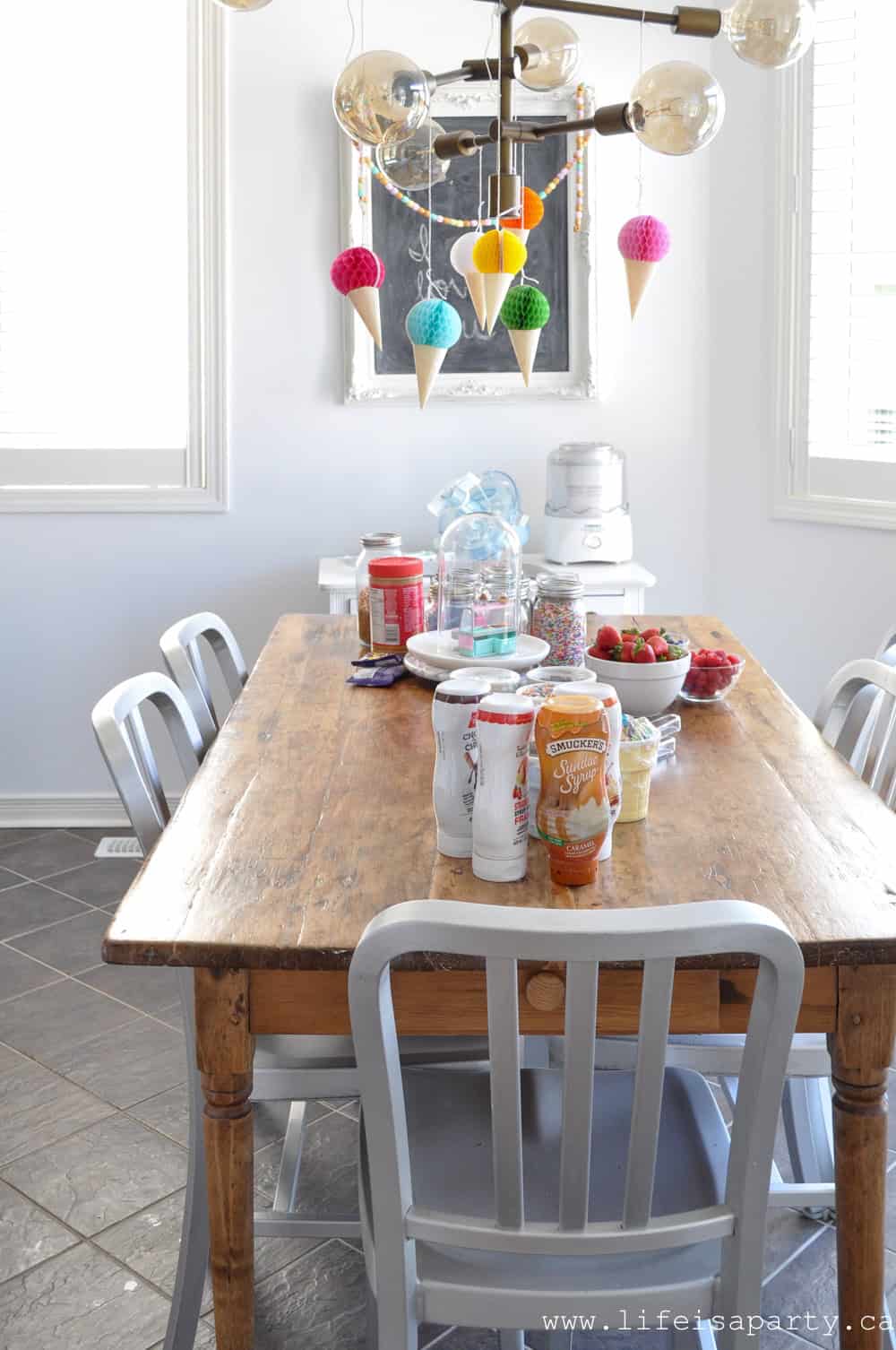 Ice Cream Themed Party Decorations: easy, DIY, inexpensive and colourful ice cream decoations like our ice cream cone dessert table backdrop, and ice cream cone bunting.