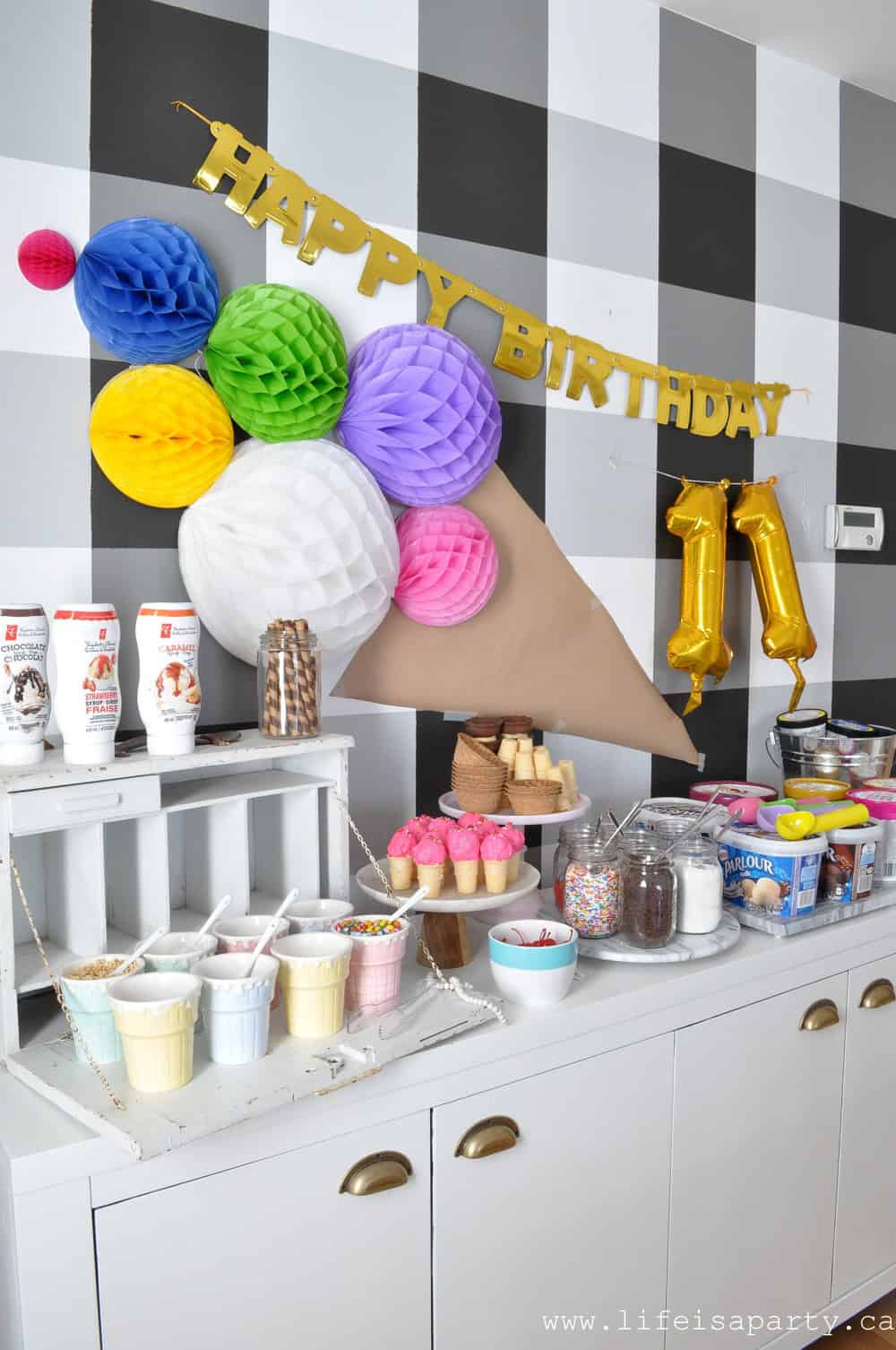 Ice Cream Themed Party Decorations: easy, DIY, inexpensive and colourful ice cream decoations like our ice cream cone dessert table backdrop, and ice cream cone bunting.