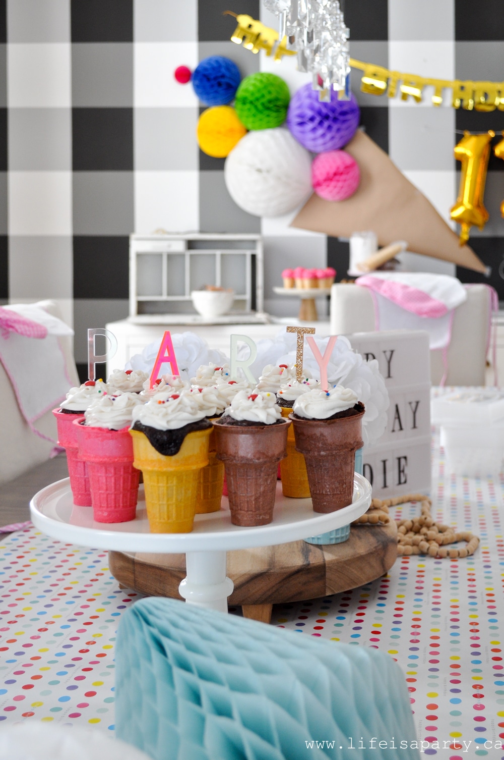 Ice Cream Themed Party Decorations: easy, DIY, inexpensive and colourful ice cream decoations like our ice cream cone dessert table backdrop, and ice cream cone bunting.