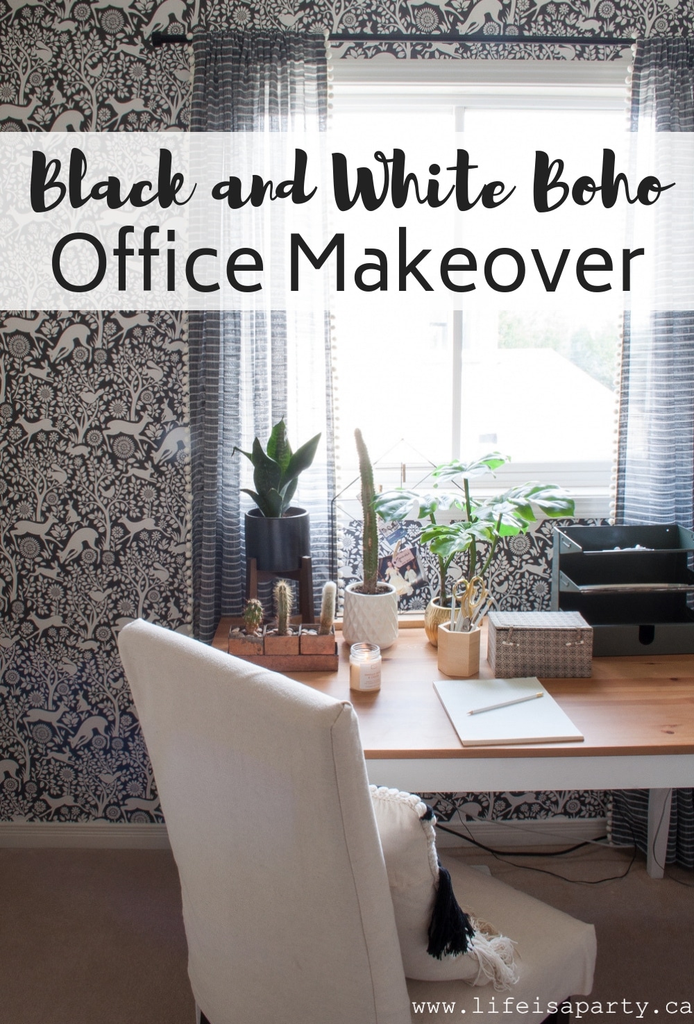 Black and White Boho Office Makeover: whimsical wallpaper, a wood bead chandelier, art, drapes, and lots of plants give this office the perfect boho vibe.