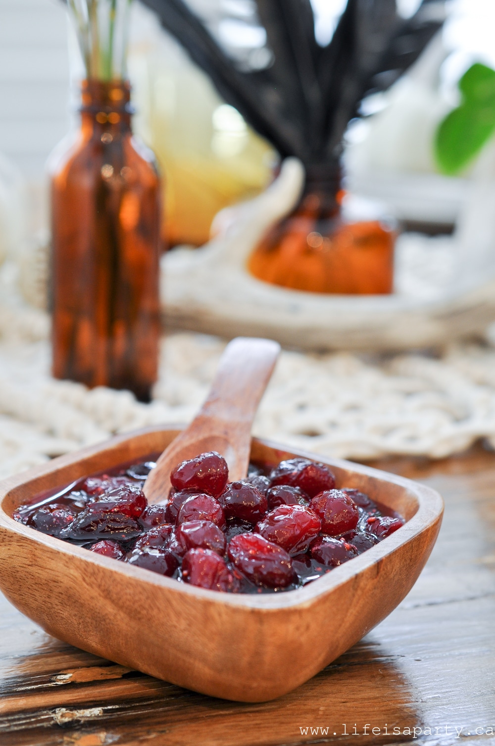 cranberry sauce in a wood bowl
