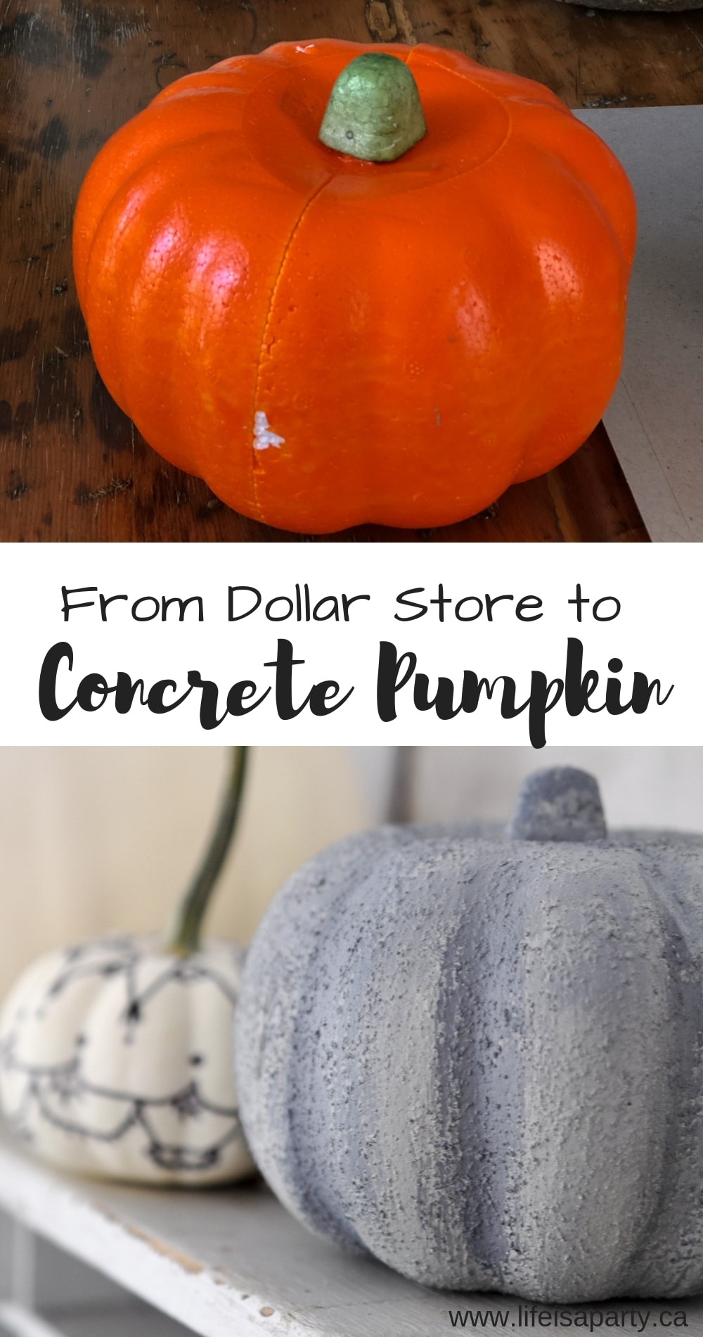 DIY Faux Concrete Pumpkins: easy DIY to transform inexpensive dollar store pumpkins with a concrete faux paint finish.