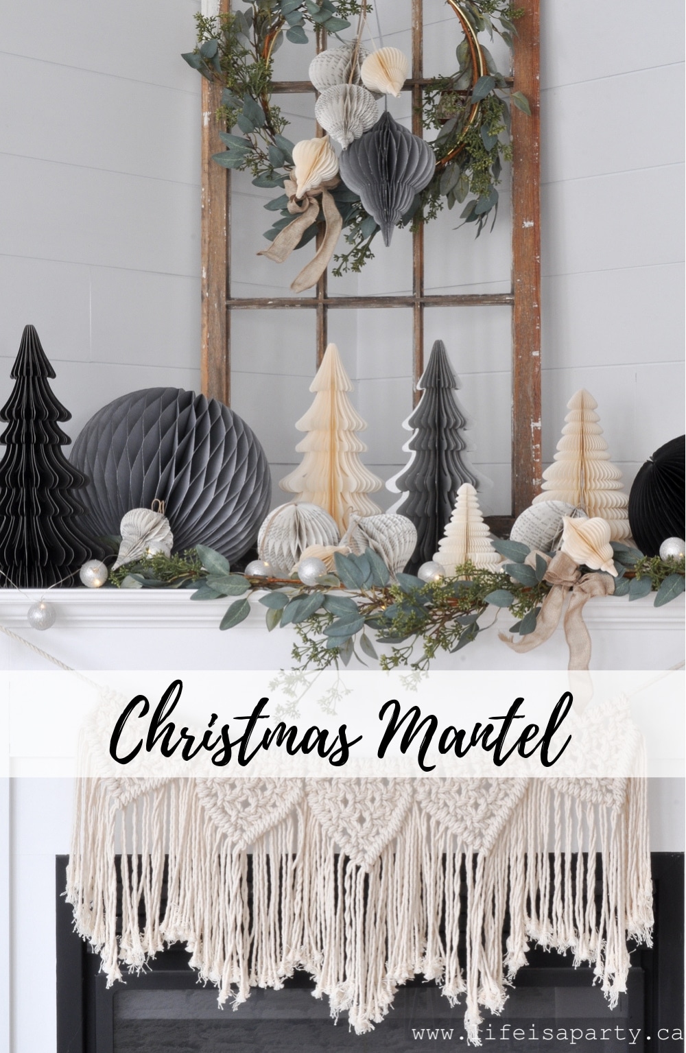 Rustic Christmas Mantel: paper honeycomb ornaments, balls, and Christmas tree decorations, with eucalyptus garland and twinkle lights.