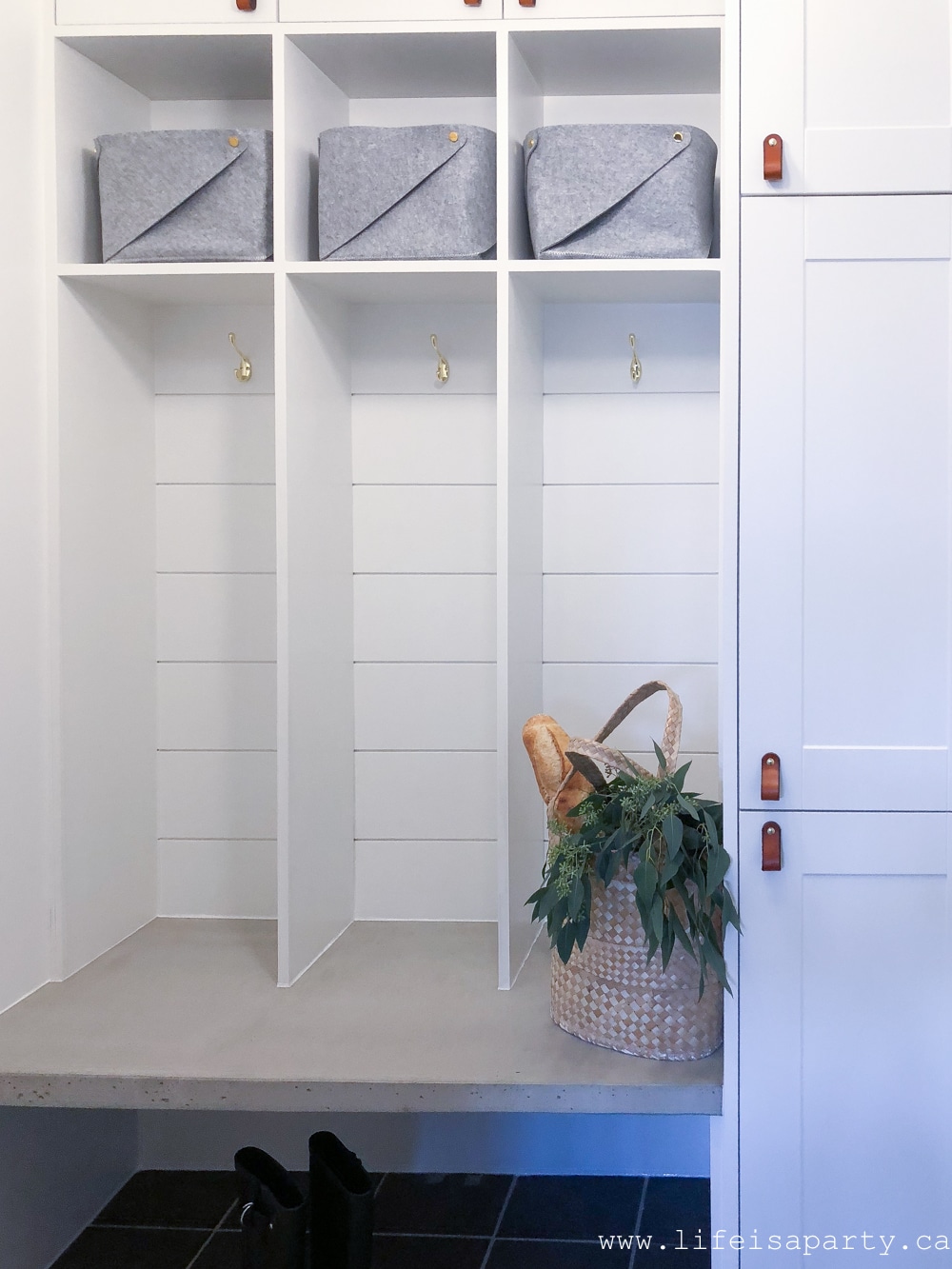 DIY Mudroom Lockers: use standard off the shelf hardware store cabinets and MDF to create custom mudroom lockers and storage solutions.