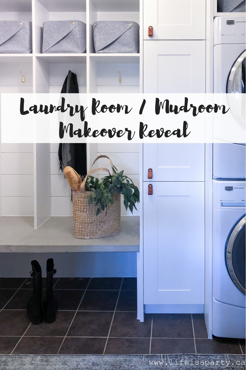 Laundry Room / Mudroom Makeover Reveal: From a chaotic and messy space to an organized and beautiful one with built-in lockers and storage solutions, shiplap, concrete, leather, brass and wood accents.