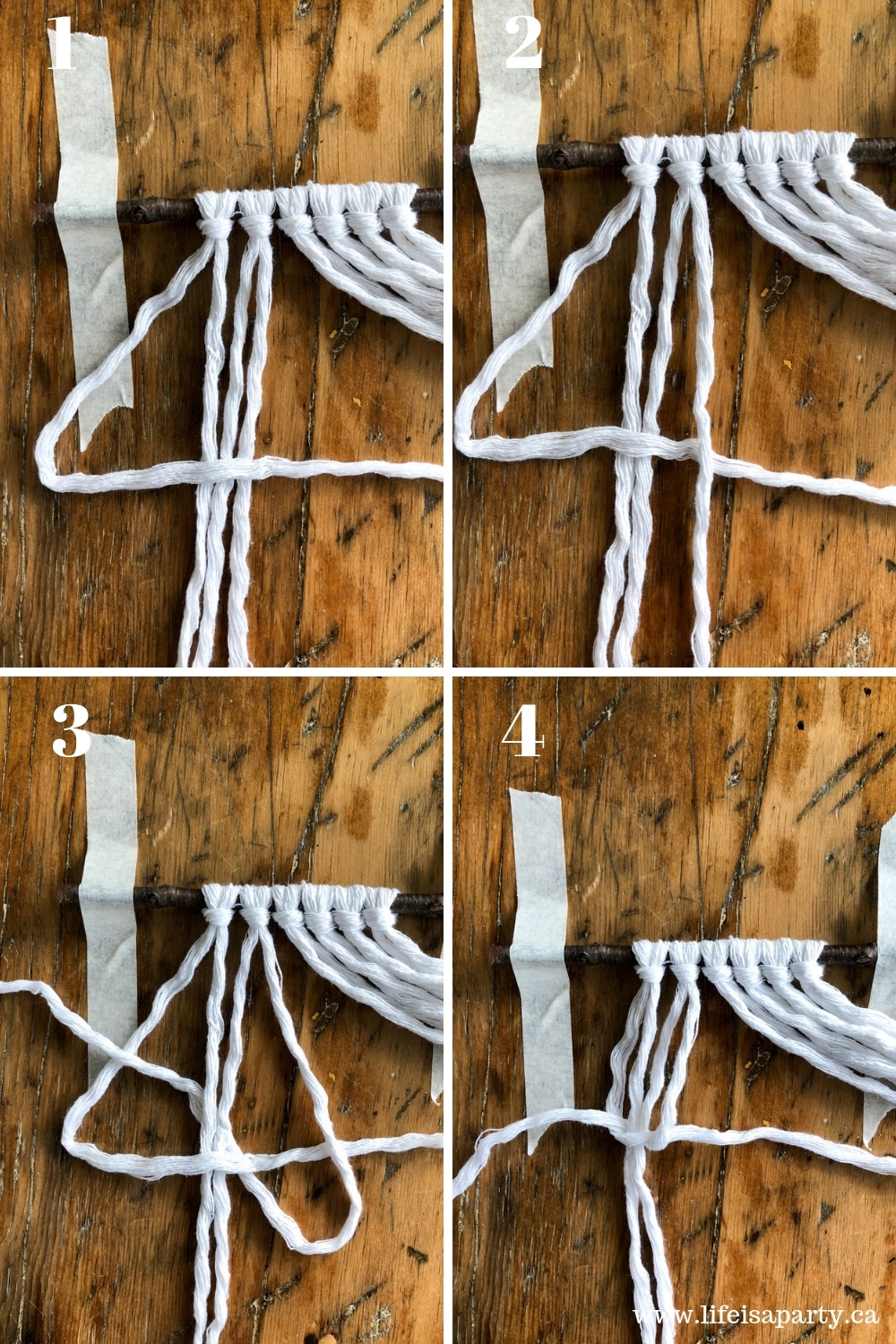 How to tie a square knot in macrame in four steps.