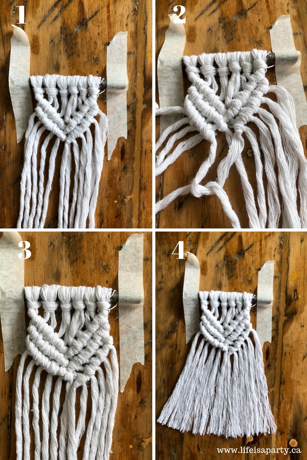 How to create a v shaped half hitch macrame knot in four steps.