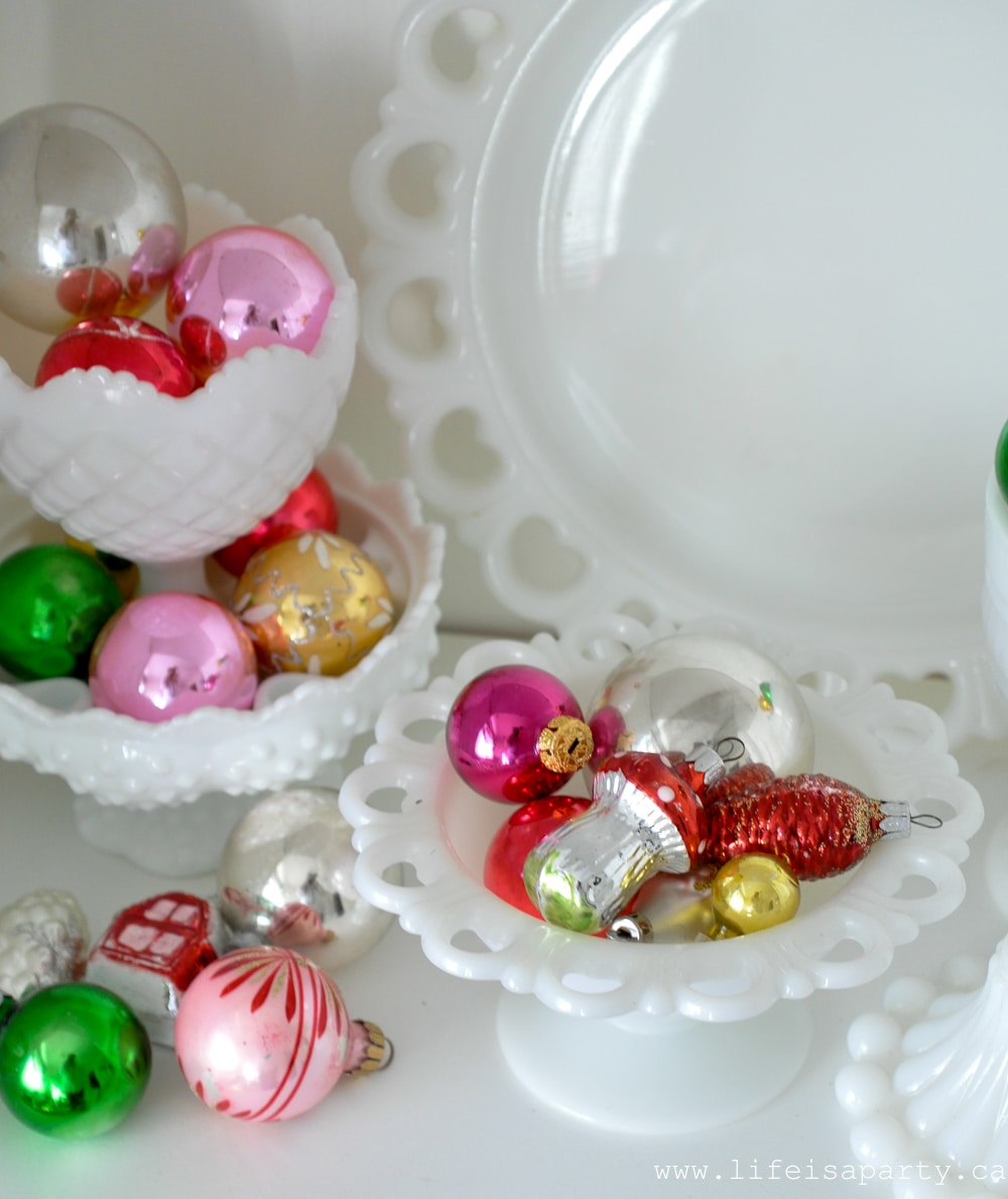 vintage milk glass and Christmas balls