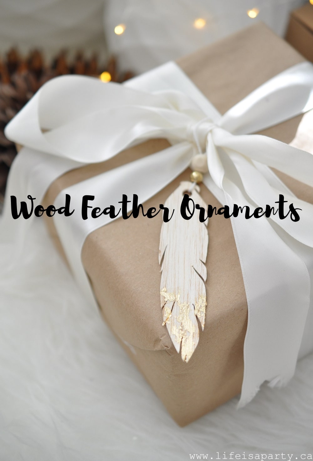 Cricut Wood Feather Ornament: see how to cut wood using your Cricut machine. Includes a free cut file for this wood feather Christmas ornament.