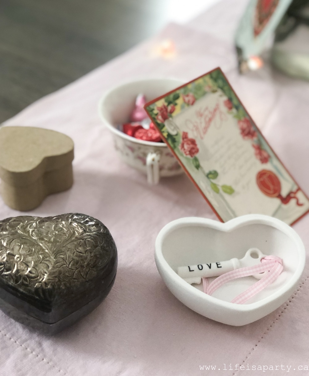 Valentine's Day Eclectic Table -Valentine's Day Table inspired by antique post cards and collected romantic treasures. Perfect for Galentine's Day.