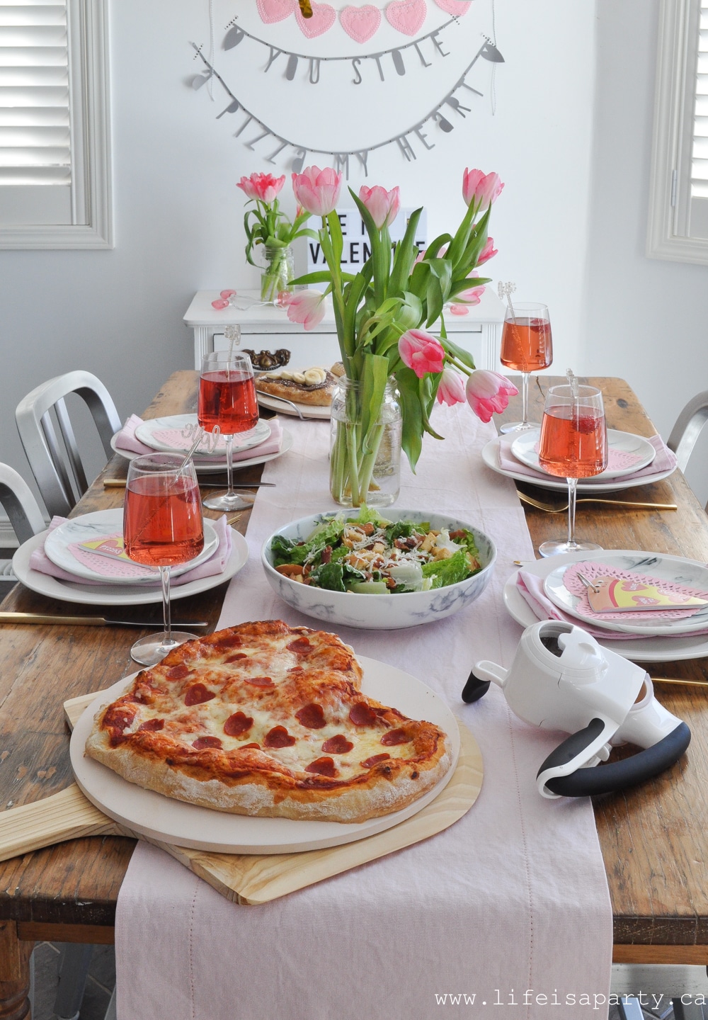 Valentine's Day Pizza Party -DIY decorations, heart shaped pizza, mocktails, and a dessert pizza recipe make this the perfect family celebration.