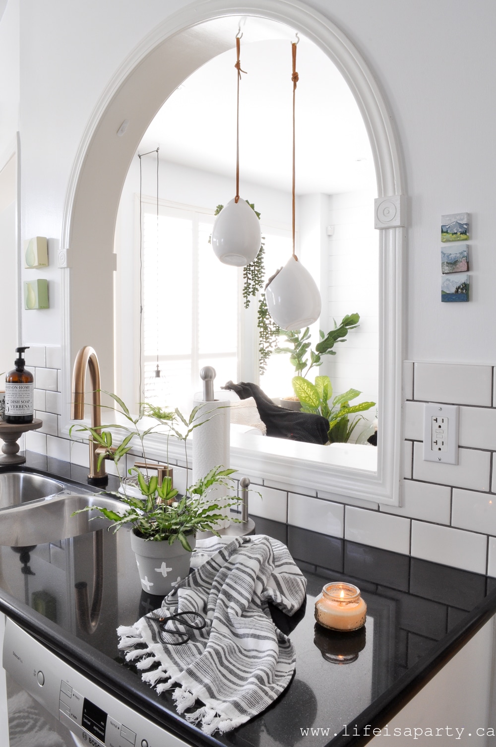 kitchen pass through with hanging plants