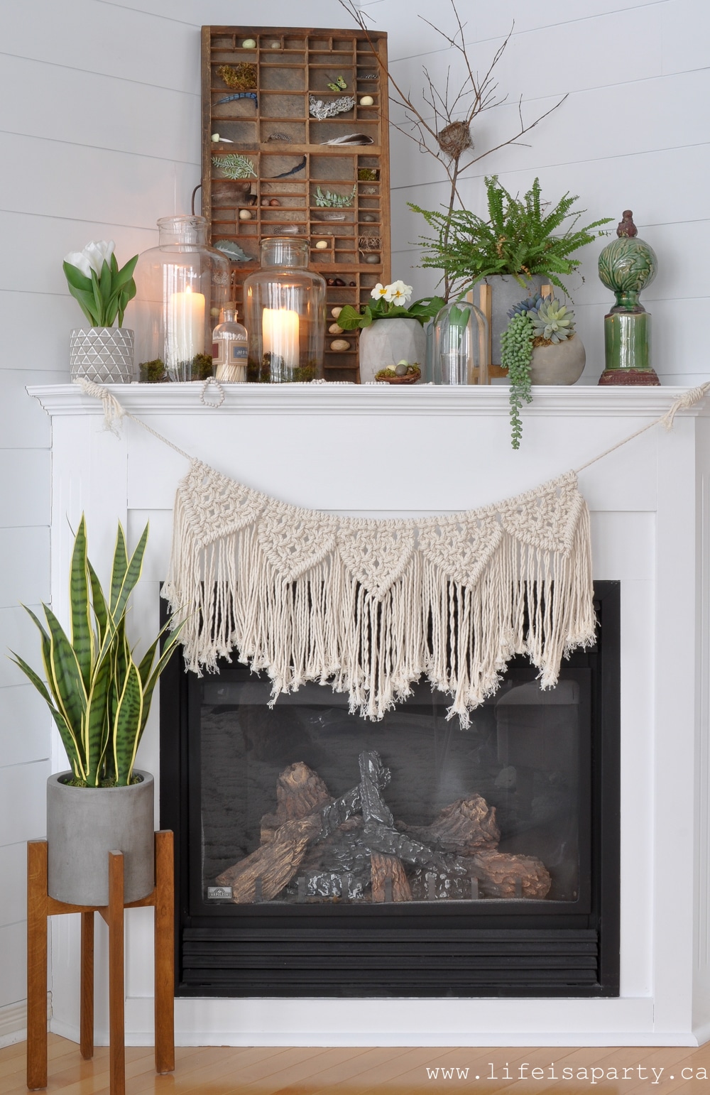 spring mantel with plants