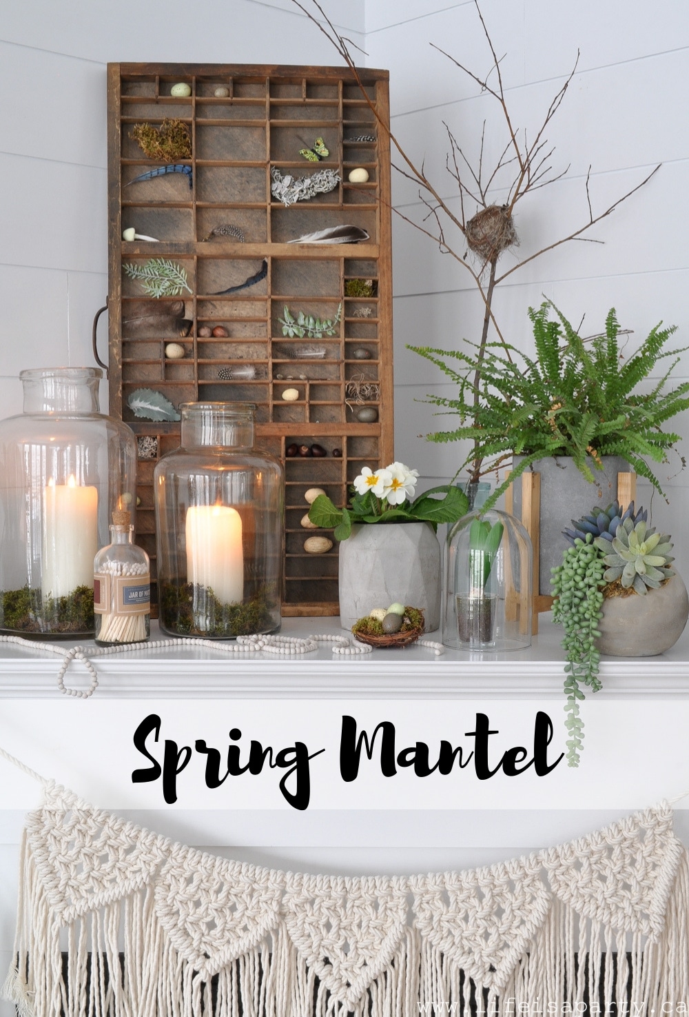 Spring Mantel: How to use layers, repeated colours and materials, and different heights to create a beautiful boho spring mantel with lots of plants.