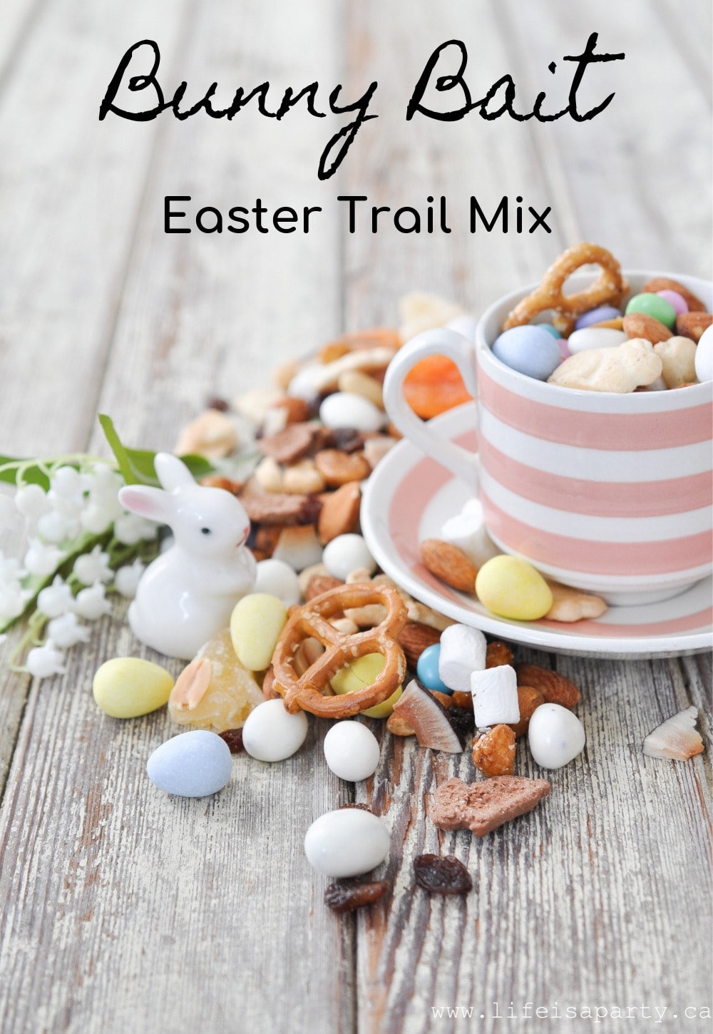 Bunny Bait Easter Trail Mix -trail mix, with some fun Easter additions like graham cracker bunnies, and Easter eggs, also a free printable Bunny Bait label.