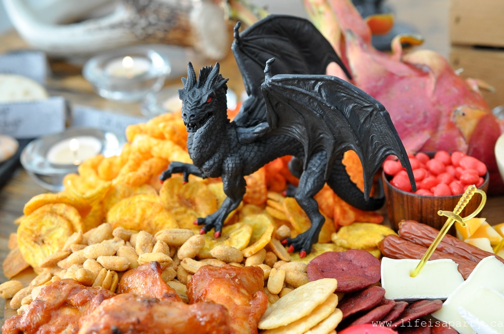 fiery dragon snack board with spicy foods