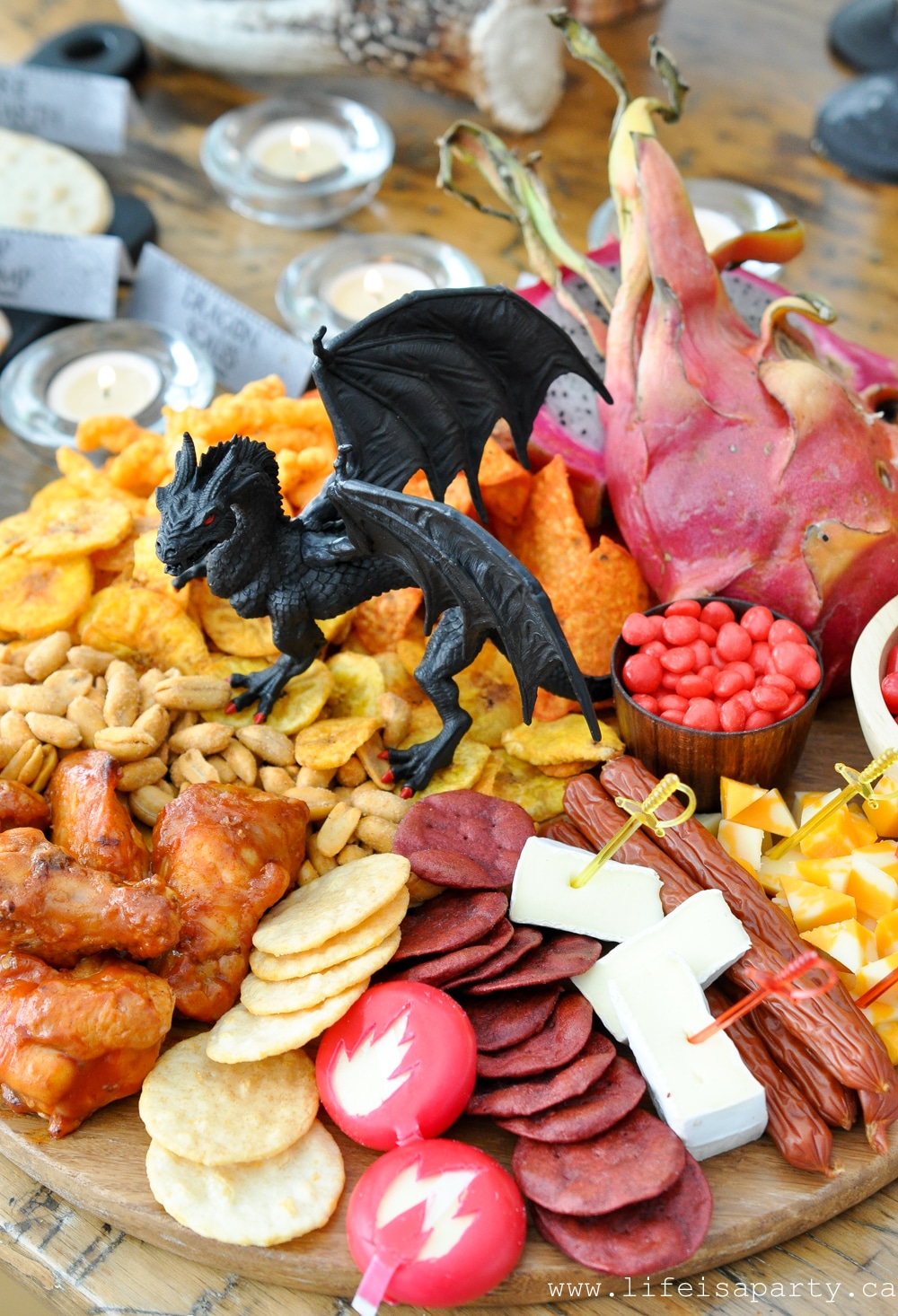 fire themed dragon snack board with spicy snacks