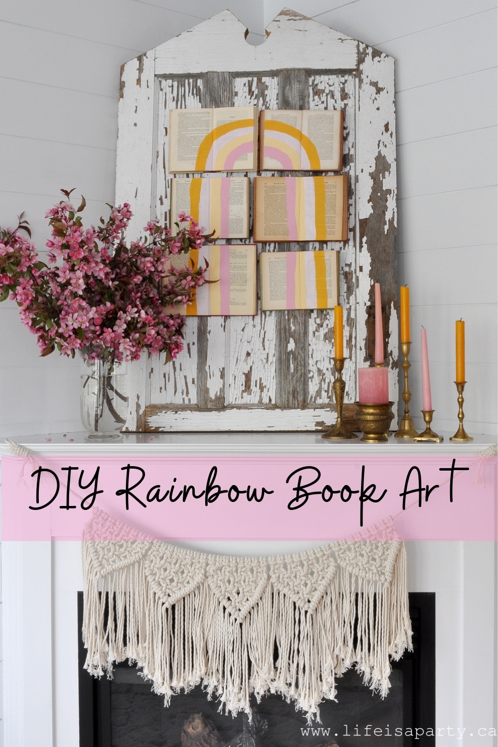 DIY Rainbow Book Art: Using old books as a canvas this DIY rainbow art in mustard yellow and pink is fun to make and inexpensive.