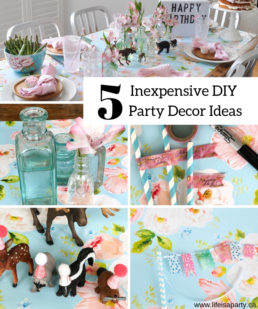 5 Inexpensive DIY Party Decor Ideas: Use wrapping paper, washi tape, scrapbook paper, and vintage bottles to create your own party decor.