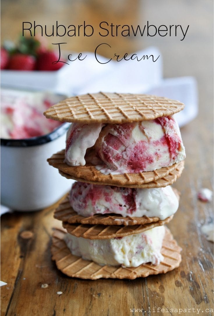 Homemade Rhubarb and Strawberry Ice Cream Recipe: creamy vanilla base, with tangy rhubarb compote and sweet strawberry compote ribbons throughout.