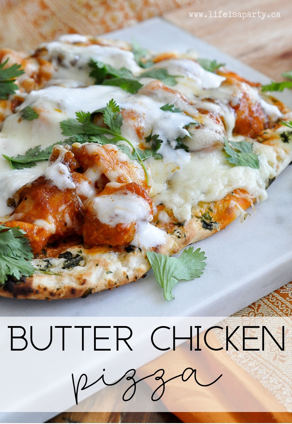 Butter Chicken Pizza: use frozen naan bread and jarred butter chicken sauce from the grocery store, for this quick and easy butter chicken pizza recipe.