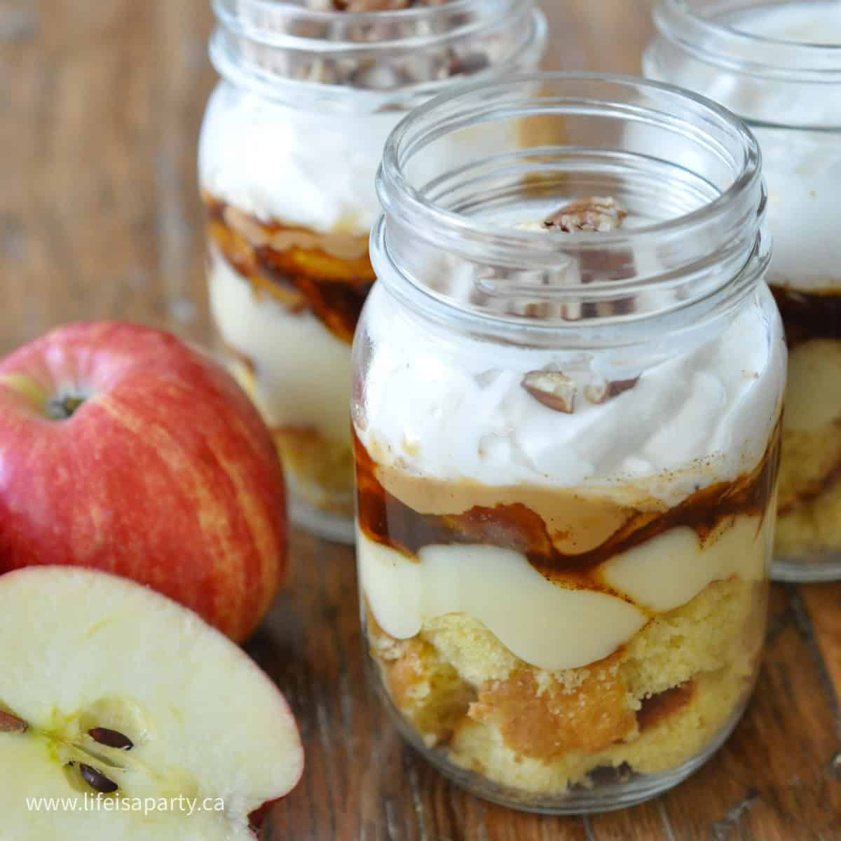 Caramel apple trifles made in mason jars.