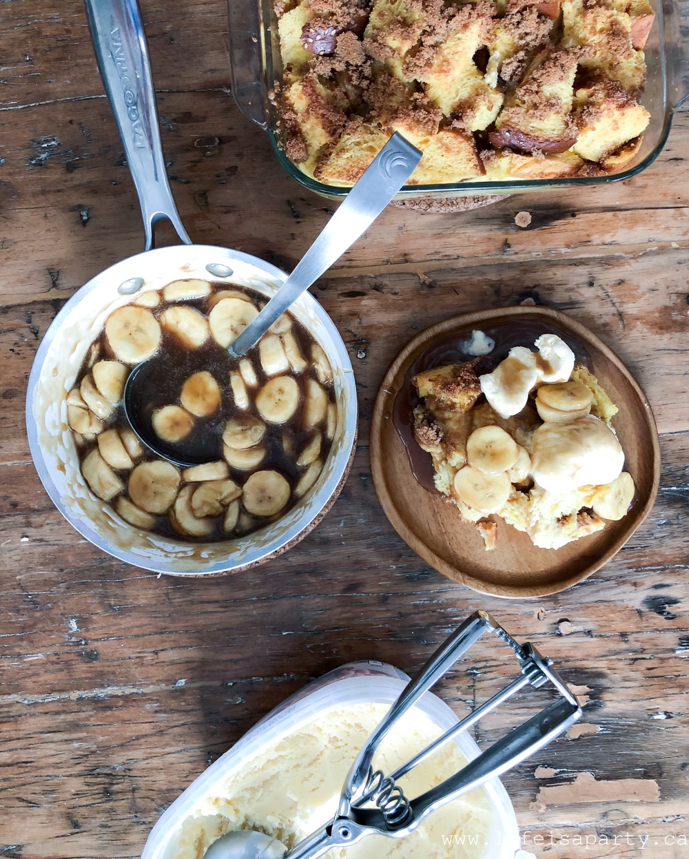 'Ohana's famous Tropical Bread Pudding with Caramel Banana Topping