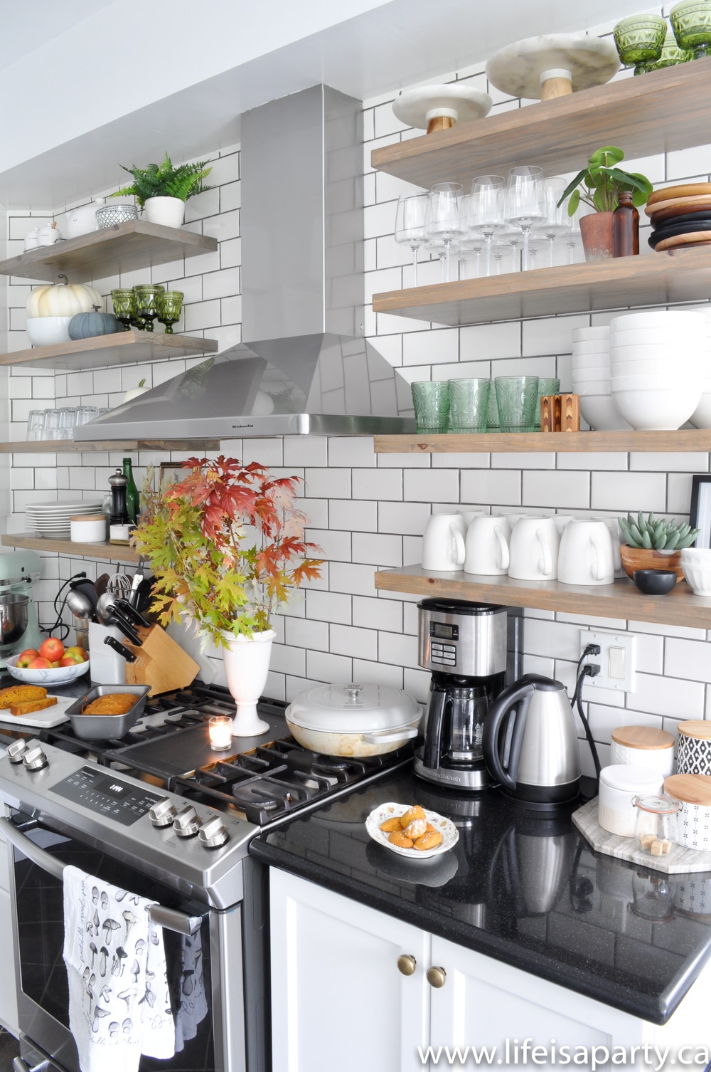 open kitchen shelves with fall decor