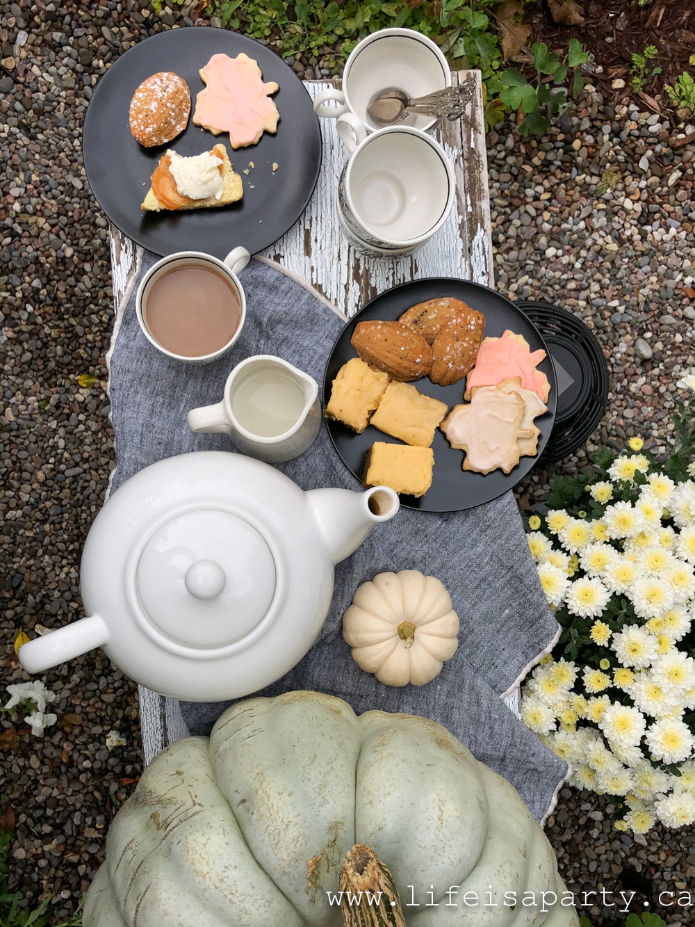Fall tea party treats, cookies and tea pot.