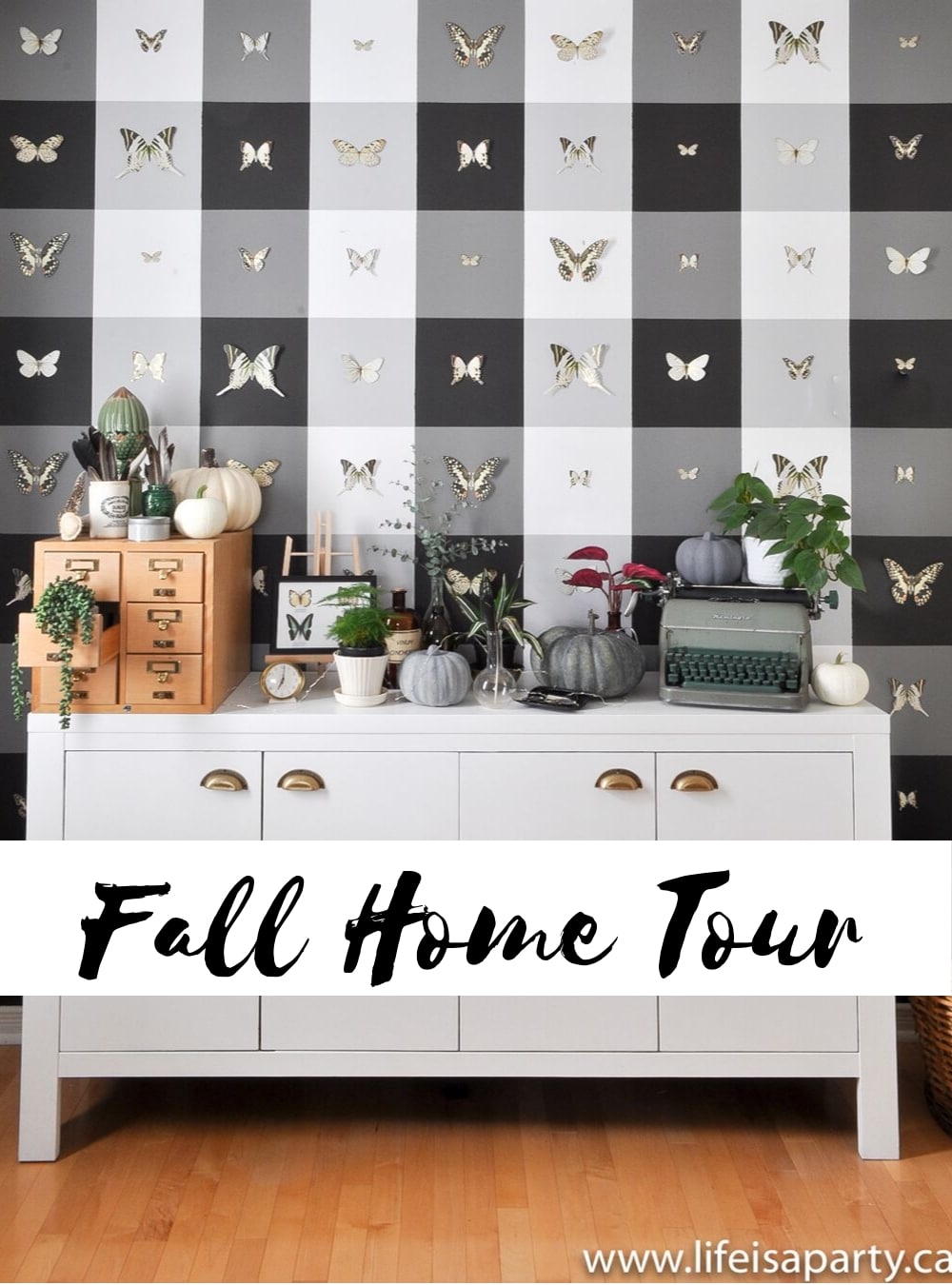 Fall Home Tour: Full of autumn decor ideas for Vintage Botanical Scientific Decor with Boho Maximalist Influence with lots of plants, insects, and pumpkins.