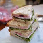 Turkey sandwich with cranberry mayo, and lettuce.