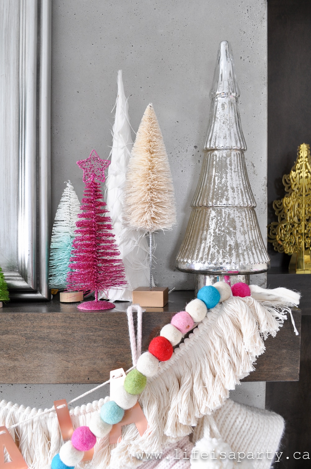 bottle brush Christmas trees and mercury glass tree