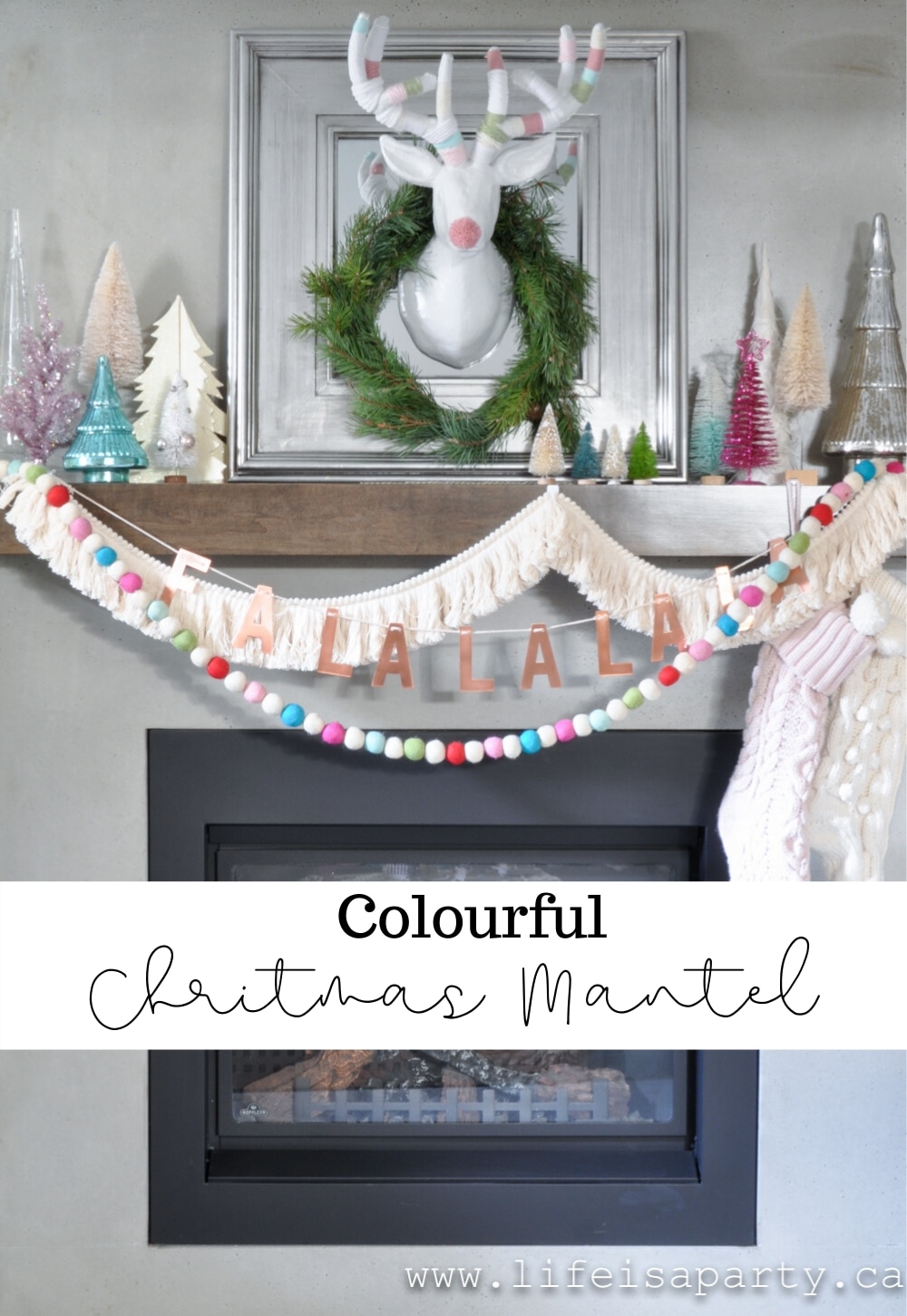 Christmas Fireplace Mantel: Colourful pastel with a boho vibe, this Anthropologie inspired mantel is so much fun!