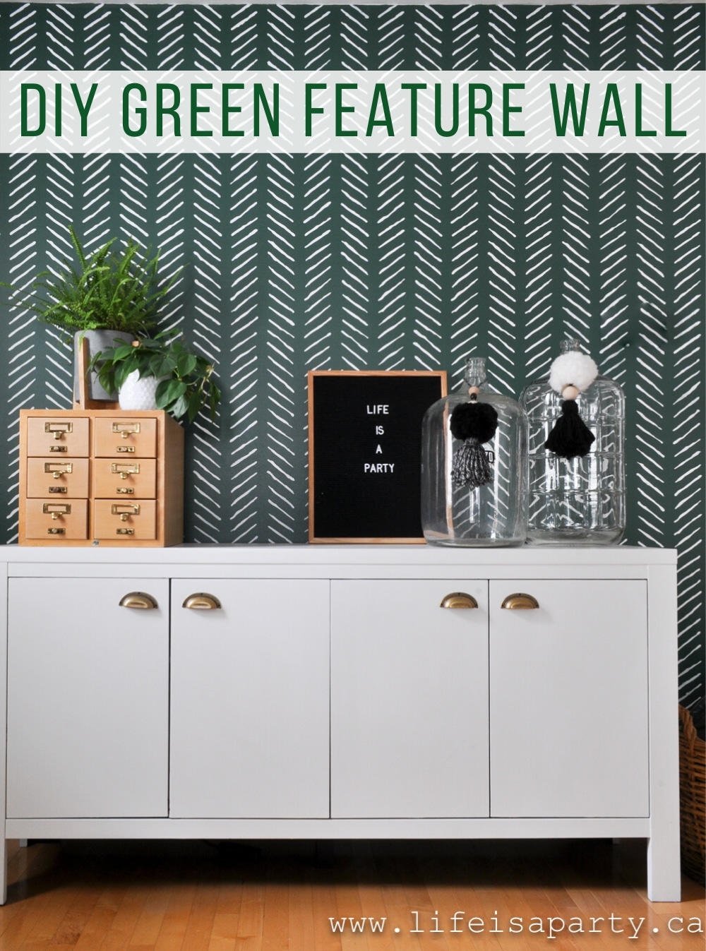 Green Feature Wall: the perfect shade of green paint, and the hand drawn chevron stencil create the an amazing feature wall.